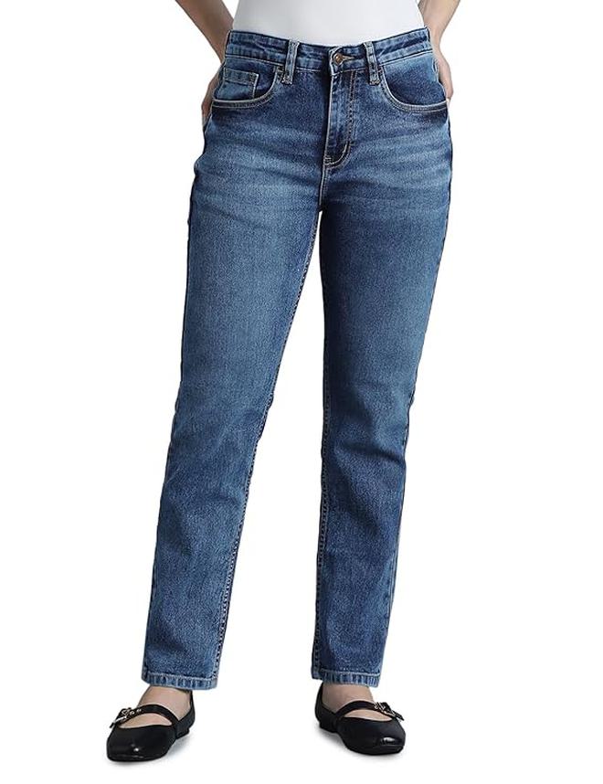 inkd جينز نسائي مستقيم - متوسط الارتفاع | مزيج القطن | قماش قابل للتمدد | تصميم كلاسيك 5 بوكت - Image 1